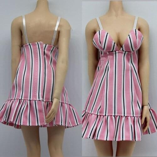 In Stock 1/6 Scale Female Suspender Skirt Pink Stripe Skirt Short Dress Clothes Accessory Model for 12 inches Body