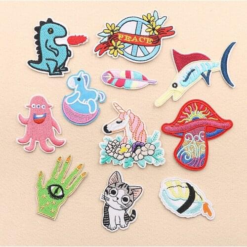 High quality embroidered animal dinosaur shark cat mushroom feather sewing patch clothes jeans decorative patch iron decals DIY