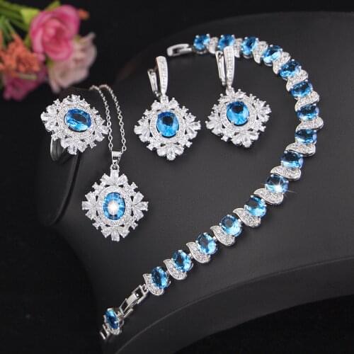 XUTAAYI Luxury Jewelry Earrings 925 Silver Wedding Jewelry Sets For Women Blue Bracelet Rings Bridal Pendant Necklace Set