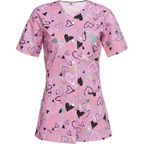 Women Blouse V-neck Tops Working Uniform Shirt Cartoon Print 2021 Carer Top Nursing Clothes Uniforme Enfermera Mujer Unifo