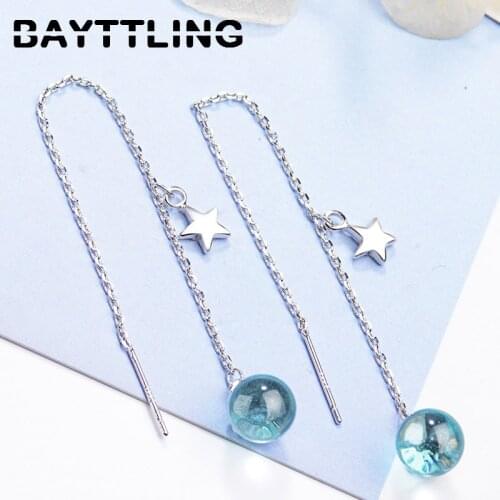 BAYTTLING 110MM Blue Crystal Bead Drop Earrings For Woman Fashion Luxury 925 Sterling Silver Earrings Jewelry Gift