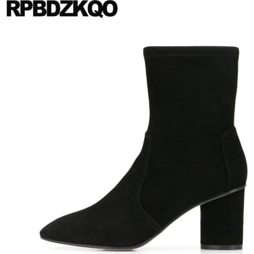 Ankle Brand Shoes Black Genuine Leather High Heel Suede Women Boots Winter 2021 Slip On Size 34 Chunky Round Toe Brown Sheepskin