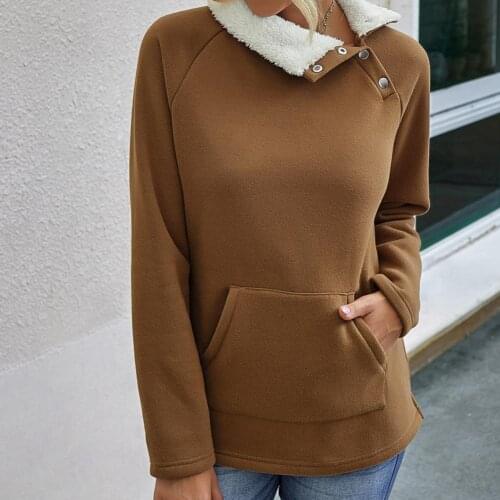 Women Autumn Plush Pullover Sweatshirt Oblique Button Neck Long Sleeve Warm Coat
