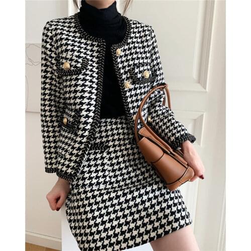 Hstar Korean Houndstooth Vintage Suits Women 2 Piece Set Knitted Cardigan Coat + Bodycon Skirts Suits Casual Office Lady Sets