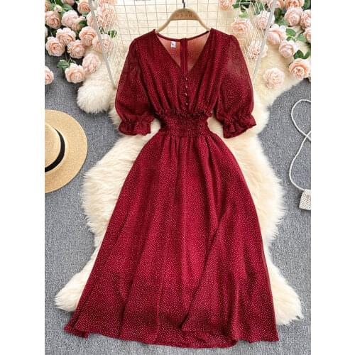 Summer Red/Black/White Polka Dot Chiffon Midi Dress Women Vintage V-Neck Short Puff Sleeve High Waist Party Vestidos Female 2021