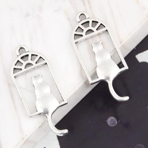 10pcs/lot Silver Hanging Cute Cat Window Charm DIY Pendant Handmade for Jewelry Making 34x13.5 mm