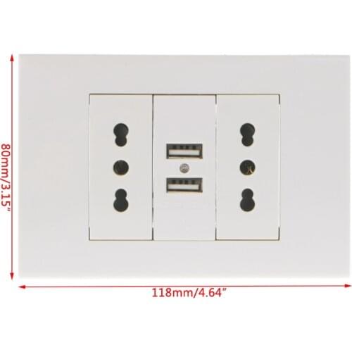 16A WallDouble Italian/Chile Plug Power Socket Adapter Dual USB Ports Panel 5V 1A