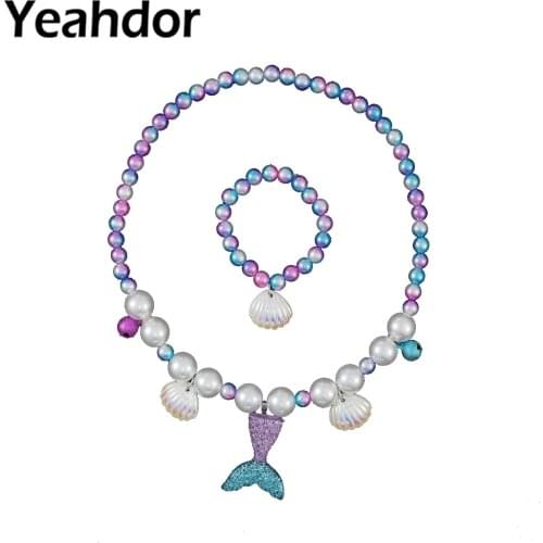 2/5Pcs Kids Girls Jewelry Set Mermaid Tails Pendant Necklace Child Pearl Shell Ring Earrings Bracelet Girls Birthday Party Gift