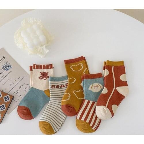 8288 Childrens Socks Wholesale 2021 Spring And Autumn Thin Cartoon Striped Socks Combed Cotton Boys And Girls Socks 5Pairs/Set