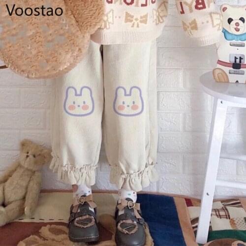 Japanese Sweet Cute Lolita Sweatpants Women Cartoon Rabbit Embroidery Corduroy Wide Leg Pants Girl Kawaii Ruffles Loose Trousers