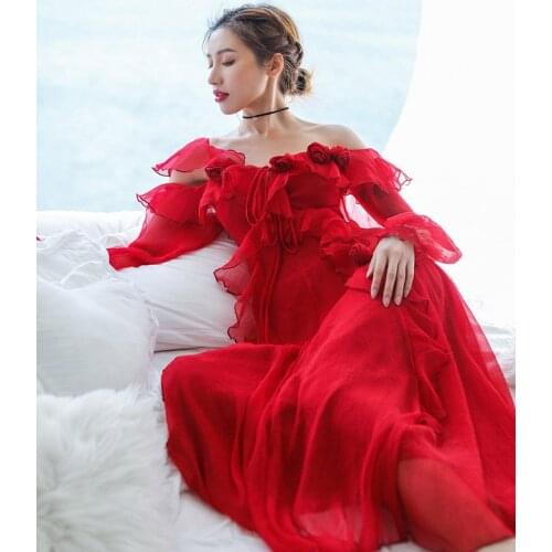 IRINAMS066 Spring Summer 2021 Original Design New Arrivals Vintage Red Ruffled Chiffon Long Beach Dress
