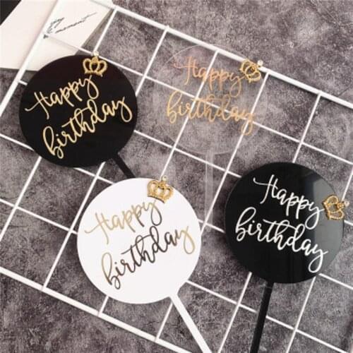 INS Happy Birthday Gold Silver Black Pink Circle Acrylic Hand writing Cake Topper Dessert Decoration for Birthday Party Gifts
