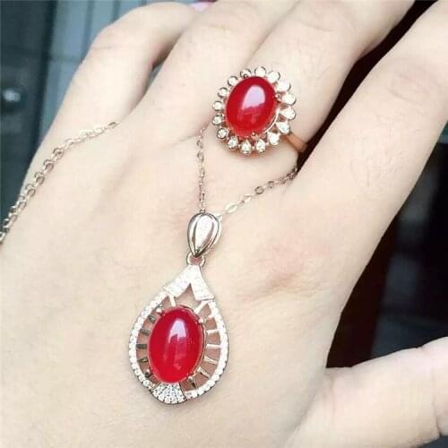 KJJEAXCMY boutique jewels 925 Pure silver inlay natural red jade medullary ring + pendant + earring set with diamond vine flower