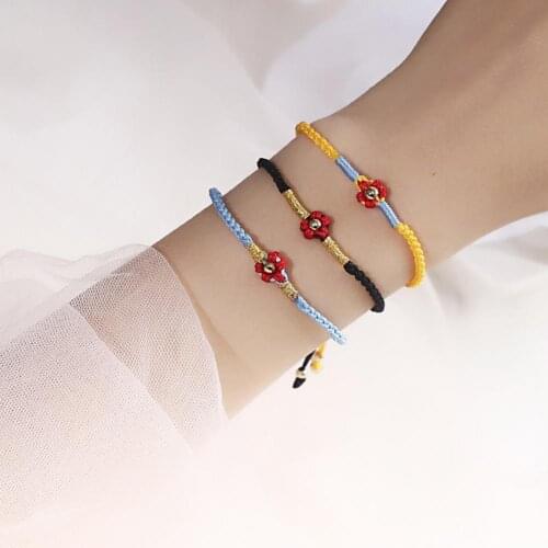 Red Flower Design Hand Decoration Polyester Braided Rope Bracelet Festival Party Gifts Flower Bracelet for Woman Children