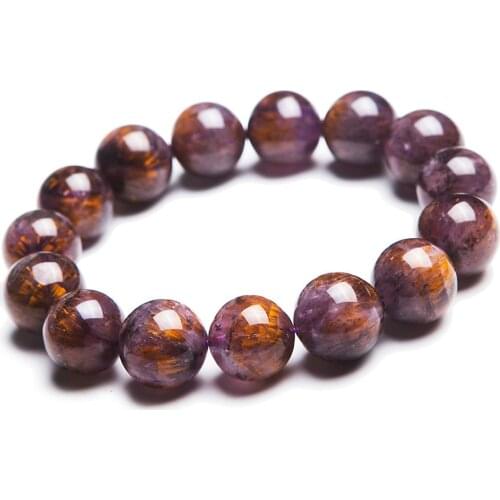 15mm Genuine Natural Gold Purple Cacoxenite Rutilated Quartz Crystal Round Beads Stretch Charm Women Mens Bracelet