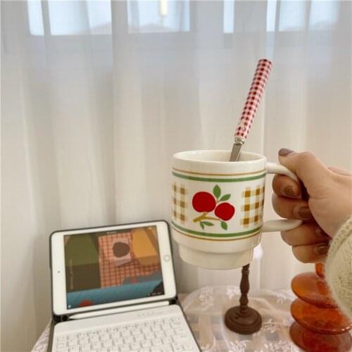 Cutelife Ins Cherry White Small Ceramic Mug Coffee Cup Breakfast Drinking Milk Tea Mug Wedding Decorative Cute Couple Gifts Mug