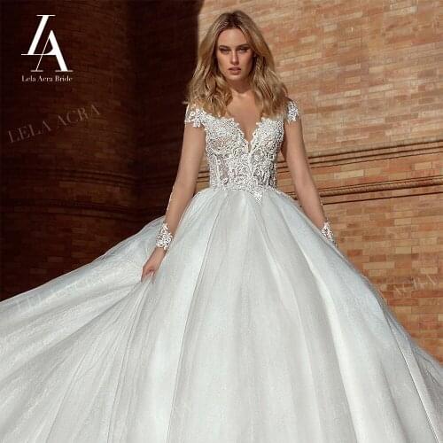 Fashion Long Sleeve Wedding Dress Sweetheart Appliques A-Line Princess Bridal Gown Court Train LelaAcra R055 Vestido De Noiva