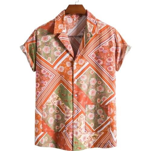 2021 New Mens Stand Collar Short Sleeve Shirt Ethnic Style Series Printed Shirt