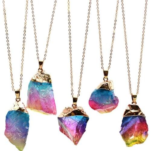 Reiki Healing Crystal Stone Pendant Necklace for Women Irregular Natural Raw Rainbow Quartz Necklaces