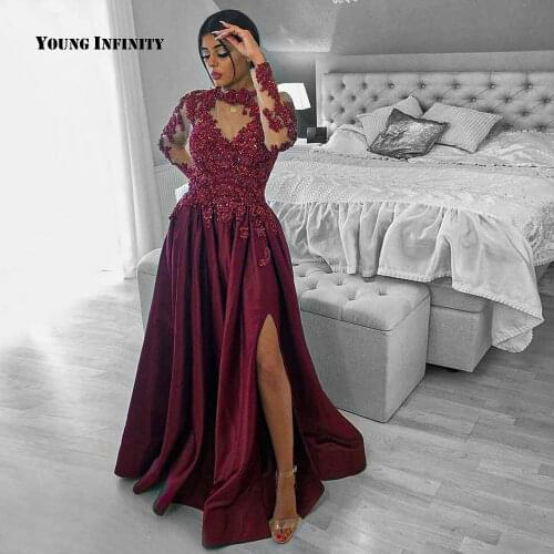Luxury Burgundy Evening Dress High Neck Long Sleeves Prom Dresses Lace Applique Beading Sexy Side Slit Elegant Laday Party Gown
