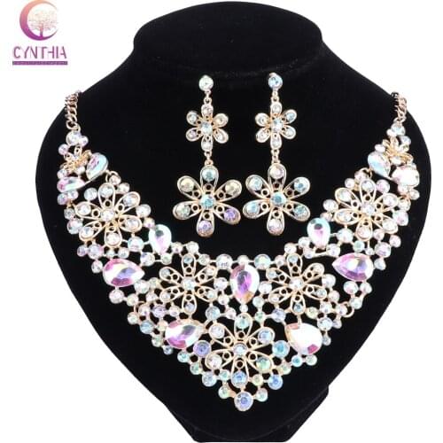 Wedding Jewelry Fashion Crystal Rhinestones Flower Shaped Necklace Earrings Set for Women Wedding Party Bridal Jewelry sets