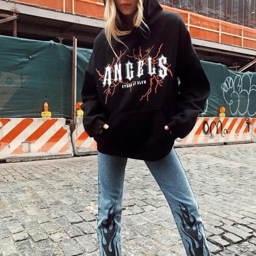 Streetwear Hip Hop Punk Angel Goth Letter Print Casual Loose Harajuku Hoodie Sweatshirt Jumper Hooded Pullover Tops Vintage Coat