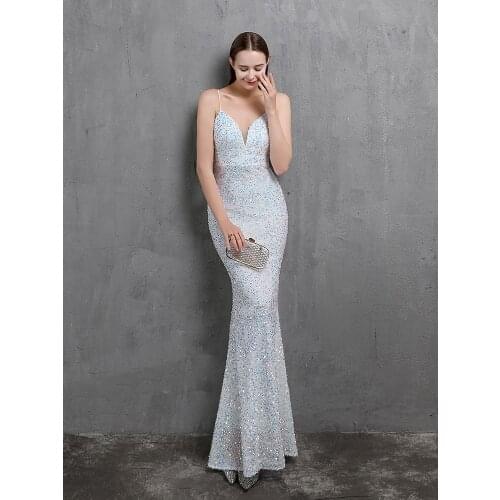 Spaghetti Strap Sleeveless Party Dress Shinning Color Sequins Prom Dress Mermaid Slim Floor Length Robe De Soriee Vestidoes