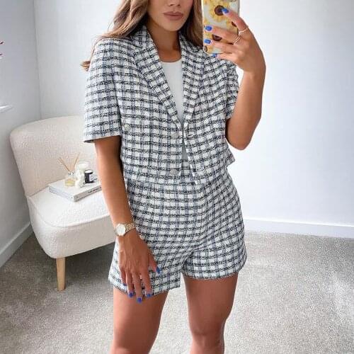 XEASY 2021 Tweed Summer Women Two-piece Set Plaid Vintage Casual Short Sleeve Blazer Female Slim High Waist Shorts Suits