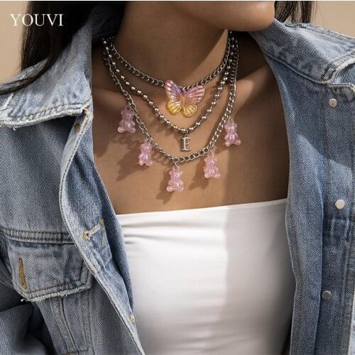 YOUVI 3PCS Acrylic Bear Tassel Pedant Necklace for Women Pink Big Butterfly Choker Metal Beaded Chains Necklace Jewelry Collar