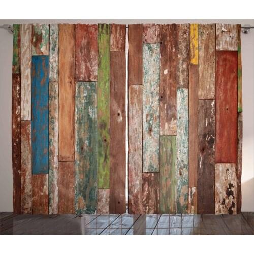 Rustic Curtains Weathered Colored Wooden Planks Photo Satin Fabric Drapes for Living Room Bedroom 2 Panel Window Set
