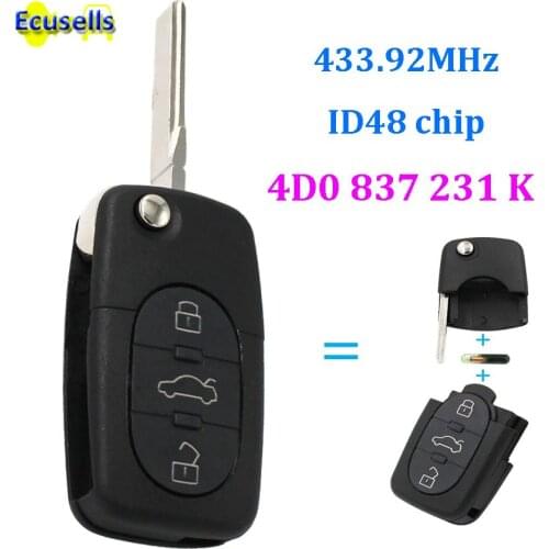 Replacement Remote key Keyless Entry Fob 3 Button 433.92MHZ 4D0 837 231 K 4D0837231K For AUDI A6 TT Old Models WIth ID48 Chip