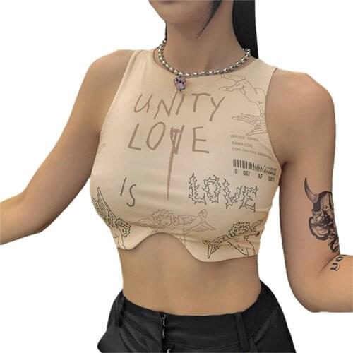 Women´s Summer Cropped Shirt Letters Printed Wrapped Elastic Casual Party Round Neck Sports Vest Tank Top