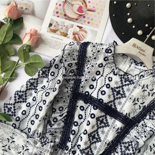 Women Runway Embroidery Fashion Blouse High Quality Romantic Flower Ruffles Designer Party Tops