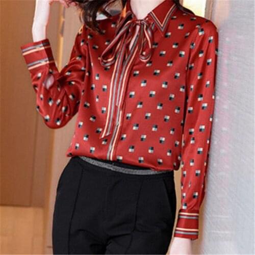 Korean Style Women Chiffon Shirt Polo-Neck Casual Blouses Long Sleeve Print Stylish Summer Ladies Loose Blusas Tops MM0870