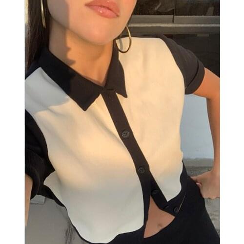 Women Knitting Cardigans Short Sleeve Preppy Style Button Double Patchwork T-Shirts Woman Turn Down Collar Clothes