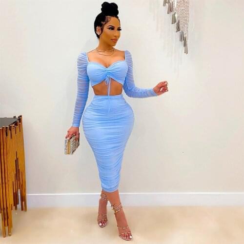 2021 New Fashion Elegant Style 2 pcs Women Set Solid Ruched V-neck Short Tops Midi Dress Summer Sexy Club Outfits