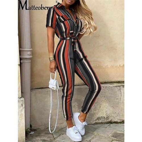 Summer Womens Short Sleeve Casual Pockets Lace Up Stripe Jumpsuit V Neck Button Shirt Overalls Short Sleeve Office Ladies Romper