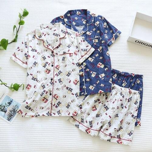 Sweet Bear Shorts pyjamas women pajamas sets 100% gauze cotton Japanese fresh cartoon short sleeves shorts sleepwear women