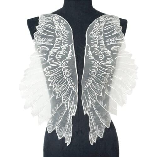 2PCS White Fabric Feather Wings Wedding Gown Appliques Embroidered Lace Collar Sew On Patches For Dress DIY Decoration