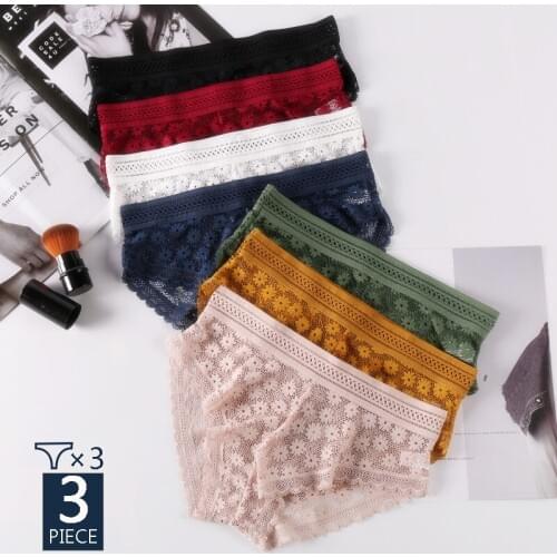 3 pcs/lot Sexy Lace Panties Women Underpants Floral Lingerie Female Underwear Fashion Ultrathin Brief Breathable Panty Seamless