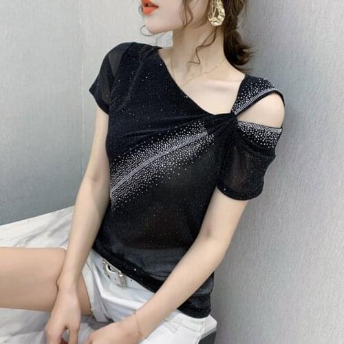 #6247 Black Green Orange Mesh T Shirt Women Skew Collar Diamonds Sexy Off Shoulder Basic T Shirt Femme Short Sleeves Summer Top
