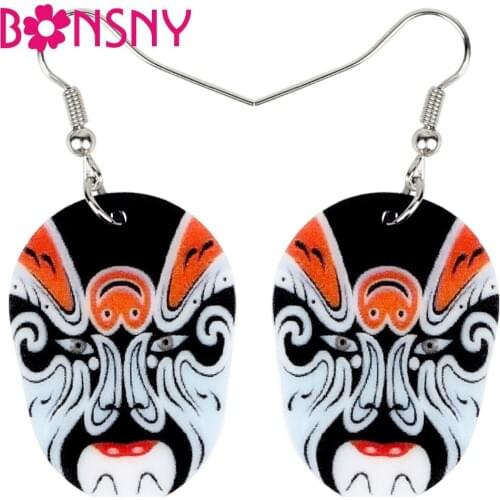 Bonsny Acrylic Floral Chinese Beijing Opera Mask Earrings Drop Dangle Ancient Ethnic Jewelry For Women Girls Gift Charms Brincos