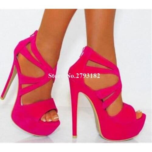 Women Sexy Fashion Super High Platform Suede Leather Stiletto Heel Sandals Rose Red Back Zipper-up High Heel Sandals Dress Heels