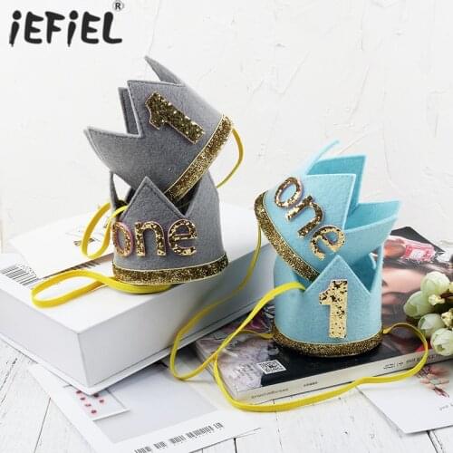 Infant Cute Baby Boys Girls Kids Children Birthday Hats One First Glitter Cap Princess Crown Hair Band Birthday Party Headwear