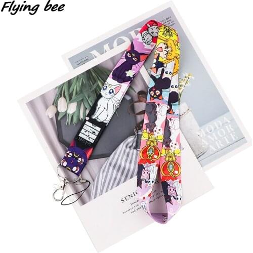 Flyingbee Cartoon Moon Girl And Cat Anime Lovers Key Chain Lanyard Neck Strap For Phone USB ID Badge Holder DIY Hang Rope X1777