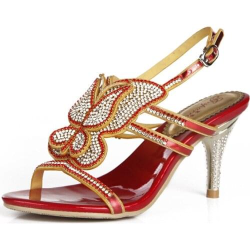 G-sparrow 2018 Womens Summer New High-heeled Sandals Stiletto Diamonds Crystal Sexy Elegant Fashion Red Wedding Shoes 8cm