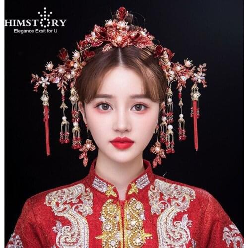 HIMSTORY Chinese Bride Hairpin Earrings Headwear Red Flower Traditional Bridal Costume Accessories Coronet Wedding Head Jewelry