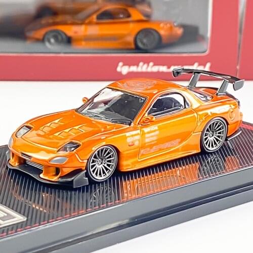 IG 1:64 Mazda RX-7 JDM Orange metallic Car refitted wide body low prone Limited edition Metal Diecast Model Race Car Toys Gift