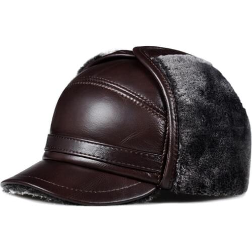 Genuine leather cap hat mens brand new cow skin leather hats caps ear flap black brown with Faux fur inside