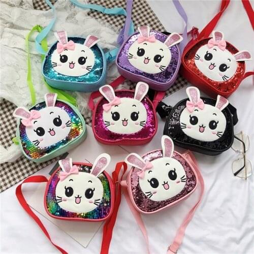 Lovely Bunny Childrens Crossbody Bags Fashion Sequins Bow Baby Girls Cute Coin Purse Cartoon Kids One Shoulder Bag Small Wallet